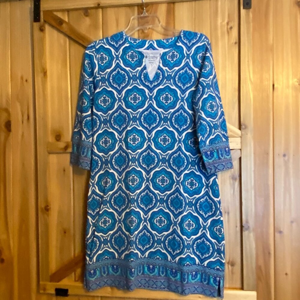 Coolibar Dress Womens Small Blue White UPF 50+ Sun Protective Tunic 3/4 Sleeve